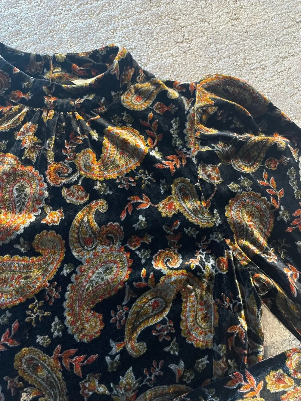 Boden Brown & Black Velvet Paisley Puff, Long Sleeve Top, Mock Neck, US Size 4